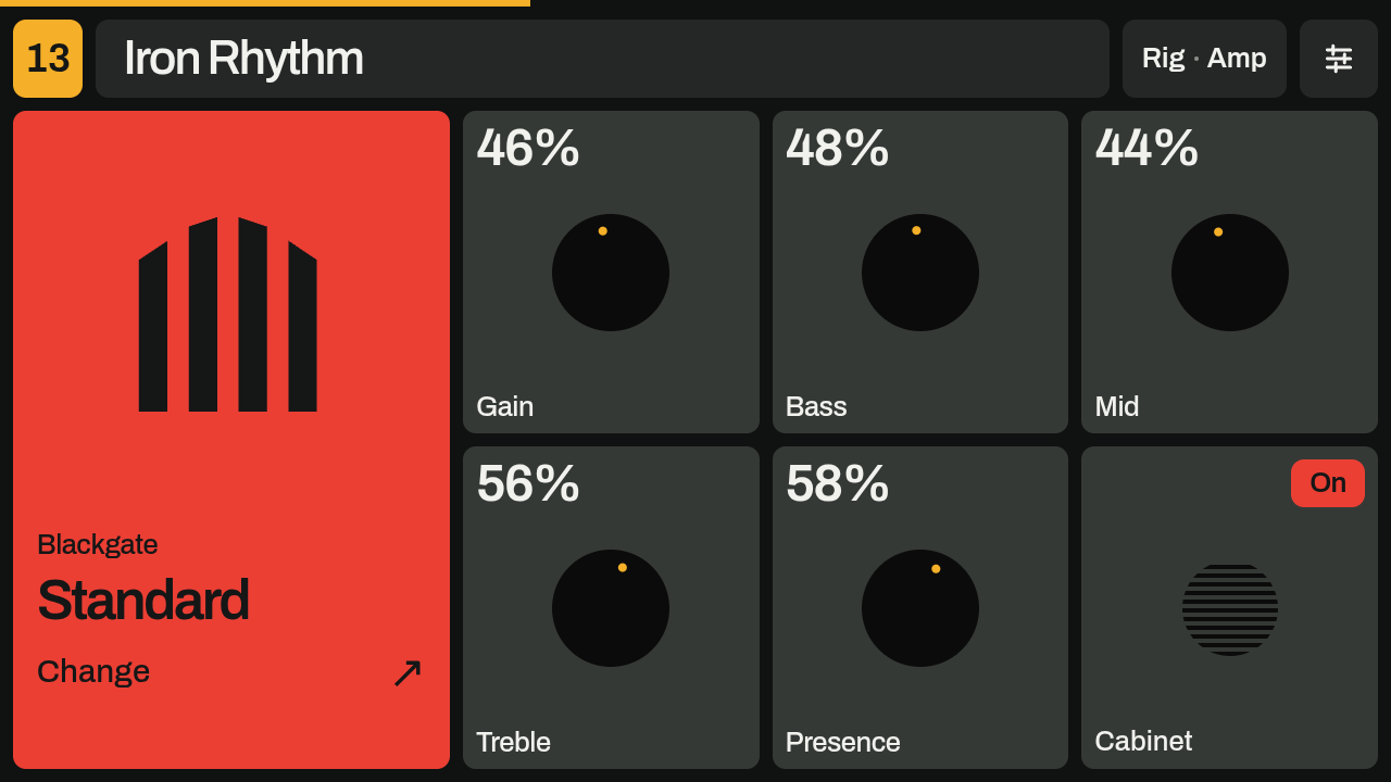 Tonewedge running Iron Rhythm, with a coral Blackgate amp and large gain, bass, mid, treble and presence controls.