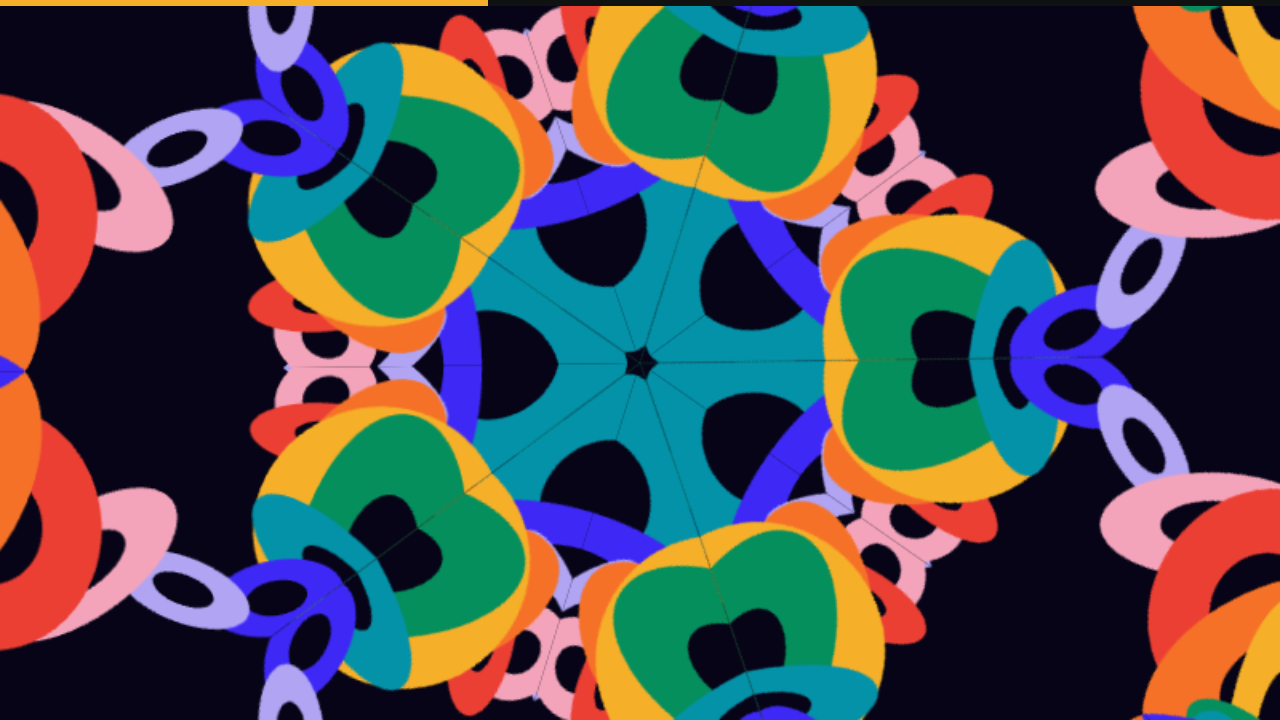 A full-screen Afterglow kaleidoscope in the original Audio Hays coral, orange, gold, green, teal, indigo, lavender and pink palette.