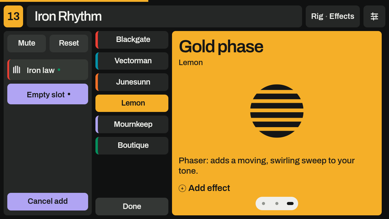 The pedal browser with a vertical manufacturer list and Lemon Gold phase, described as adding a moving, swirling sweep to your tone.