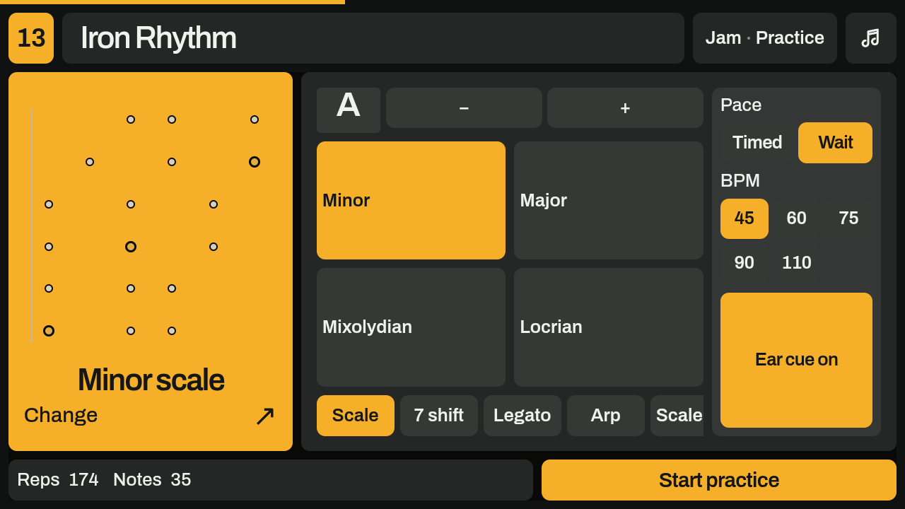 Minor scale practice setup, with root note, scale choices, timed or wait modes and a large Start practice button.
