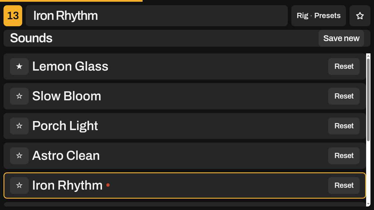 The Sounds list showing Lemon Glass, Slow Bloom, Porch Light, Astro Clean and Iron Rhythm with a Save new button.